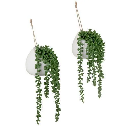 Artificial String of Pearls Plants in White Ceramic Wall-Hanging Plant Pots, Set of 2