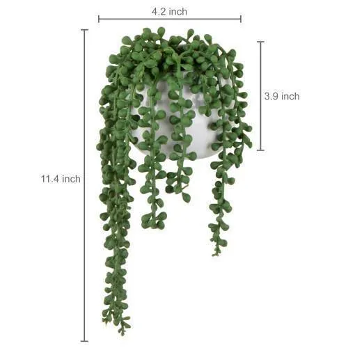 Artificial String of Pearls Plants in White Ceramic Wall-Hanging Plant Pots, Set of 2