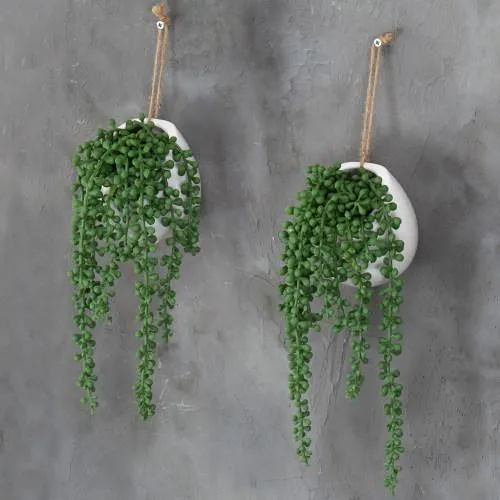 Artificial String of Pearls Plants in White Ceramic Wall-Hanging Plant Pots, Set of 2