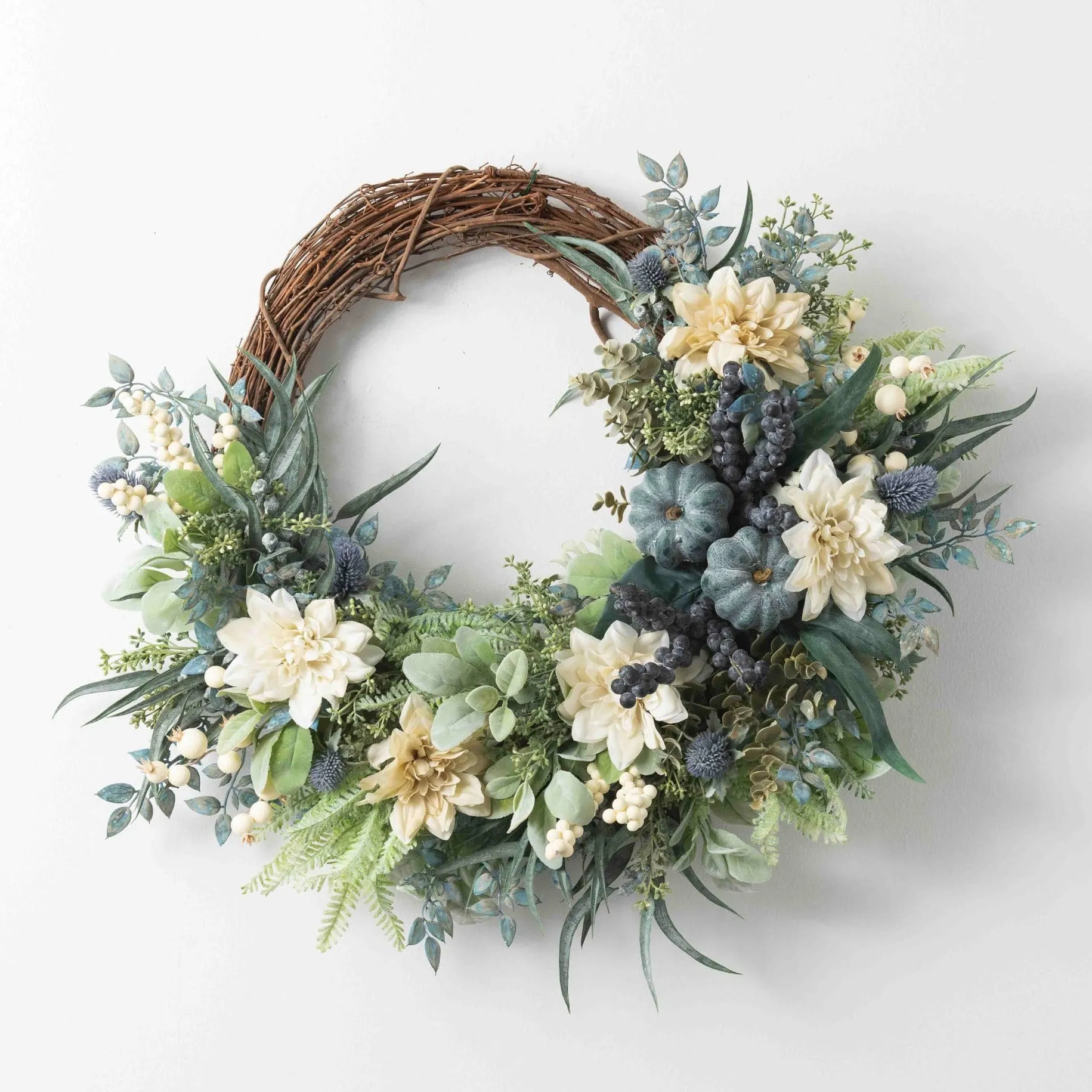 Autumn Sea Breeze - Eucalyptus, Cream Dahlia & Weathered Pumpkin Aquamarine Coastal Front Door Fall Wreath
