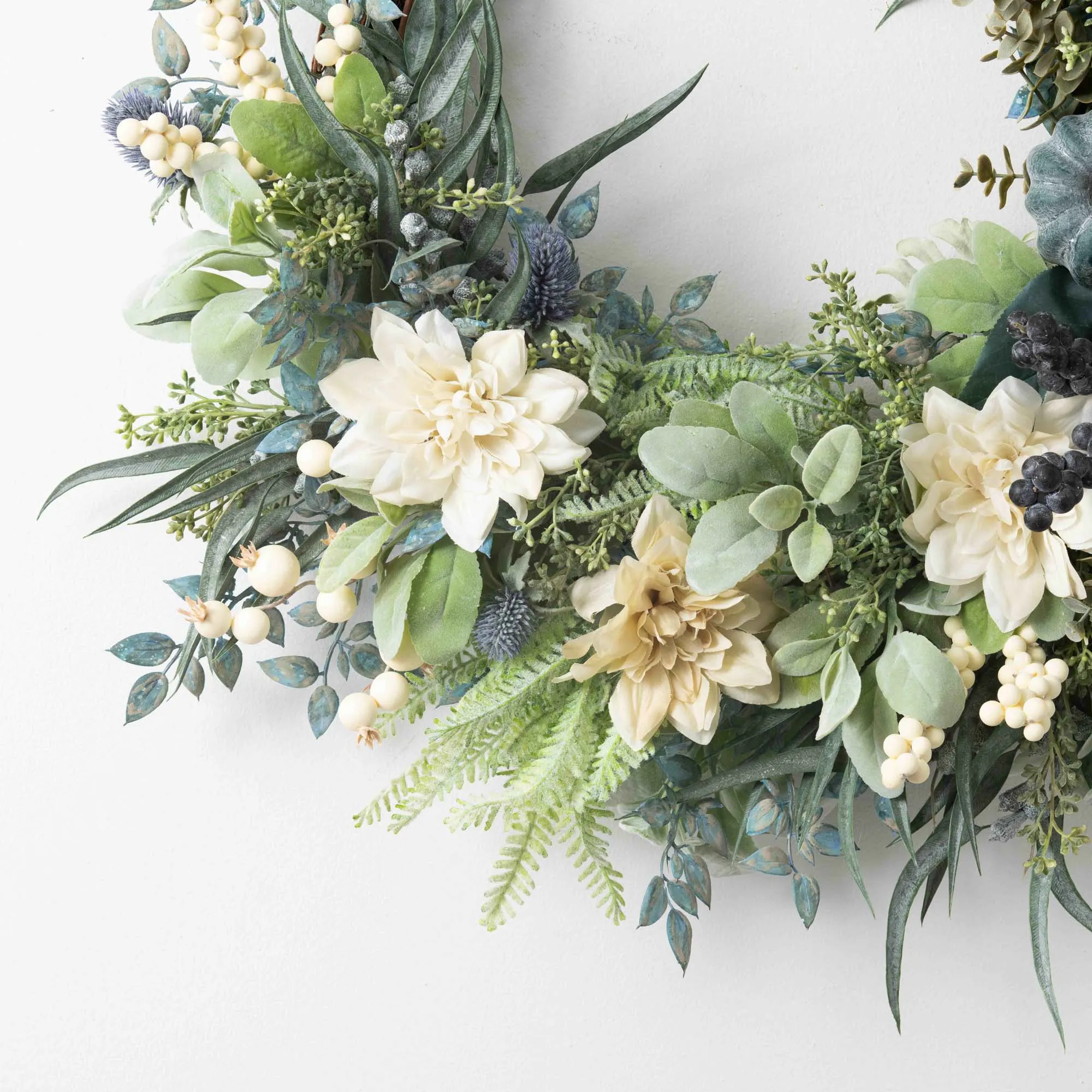 Autumn Sea Breeze - Eucalyptus, Cream Dahlia & Weathered Pumpkin Aquamarine Coastal Front Door Fall Wreath