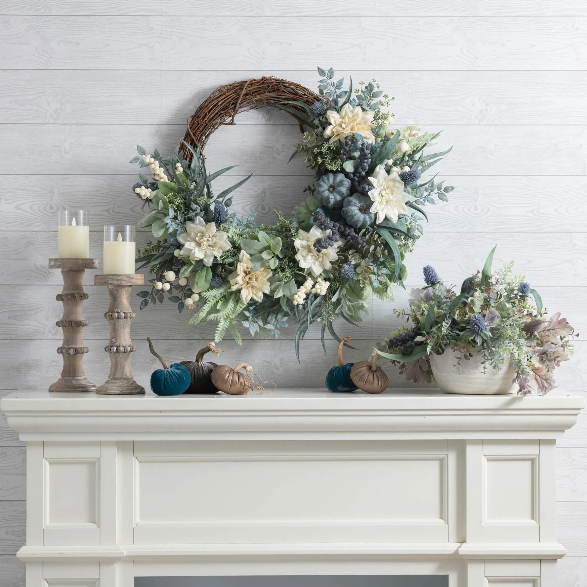 Autumn Sea Breeze - Eucalyptus, Cream Dahlia & Weathered Pumpkin Aquamarine Coastal Front Door Fall Wreath