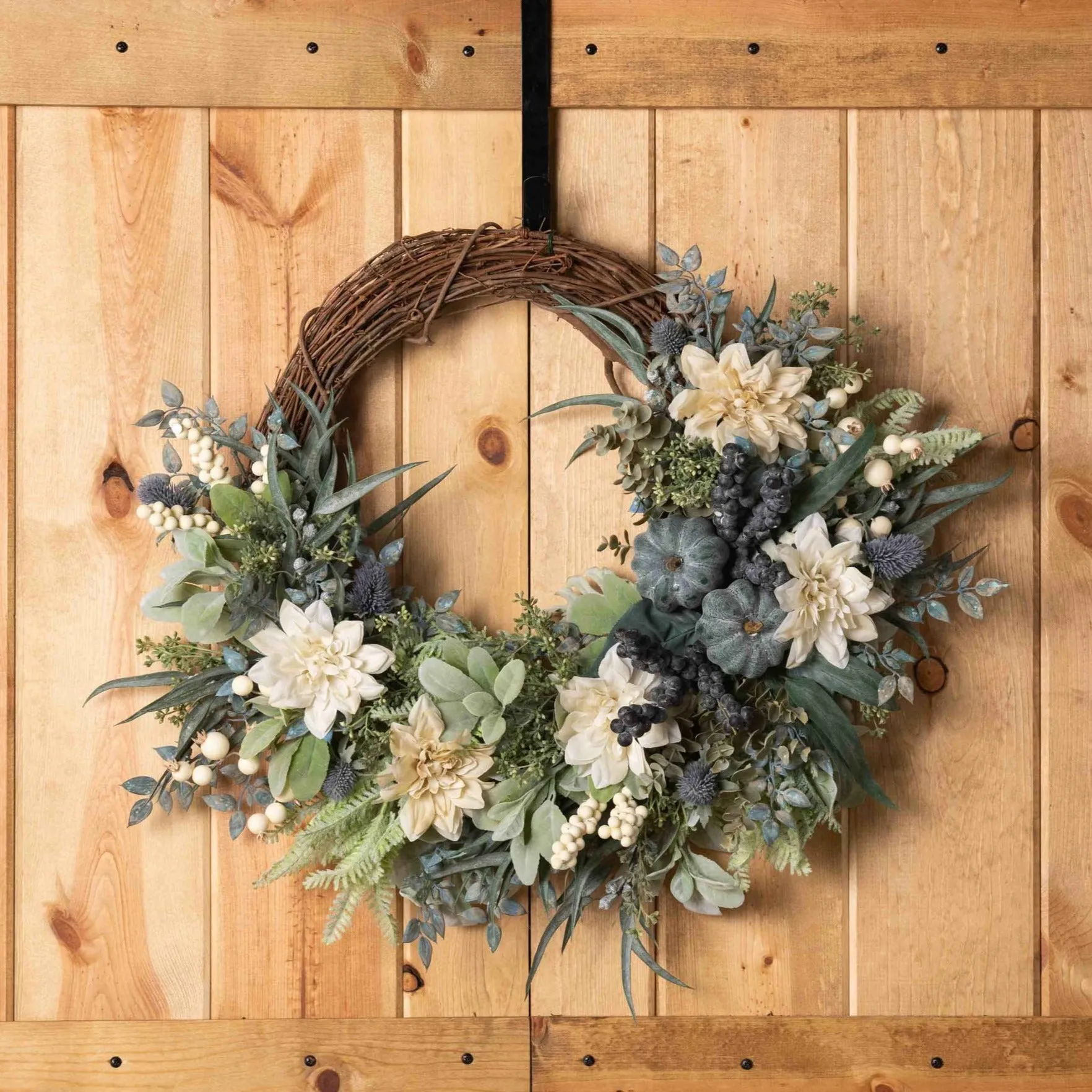 Autumn Sea Breeze - Eucalyptus, Cream Dahlia & Weathered Pumpkin Aquamarine Coastal Front Door Fall Wreath