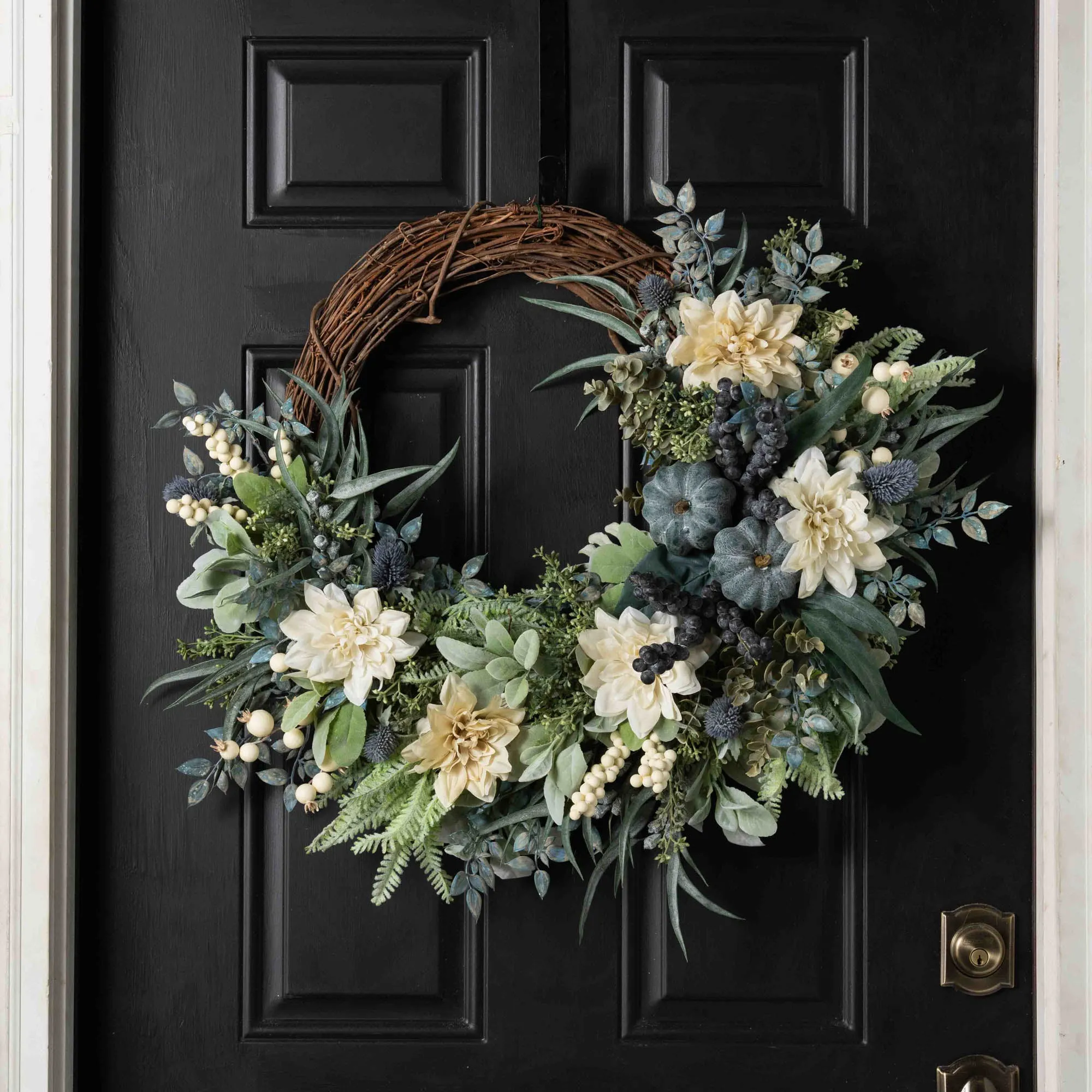 Autumn Sea Breeze - Eucalyptus, Cream Dahlia & Weathered Pumpkin Aquamarine Coastal Front Door Fall Wreath