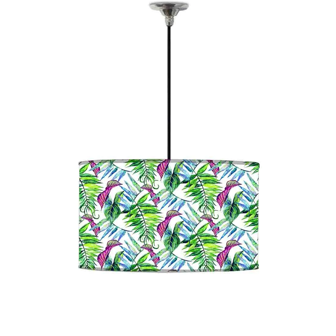 Ceiling Lamp Hanging Drum Lampshade - Green and Purple Tropical Leaf