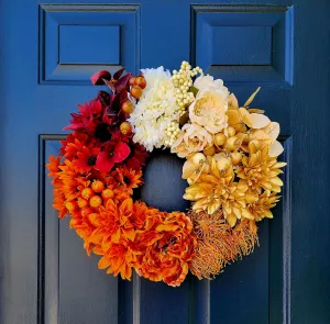 Fall Colors Floral Ombre Grapevine Wreath, Unique Statement Piece, Wreaths For Front Door or Mantle, Cream to Purple Colors