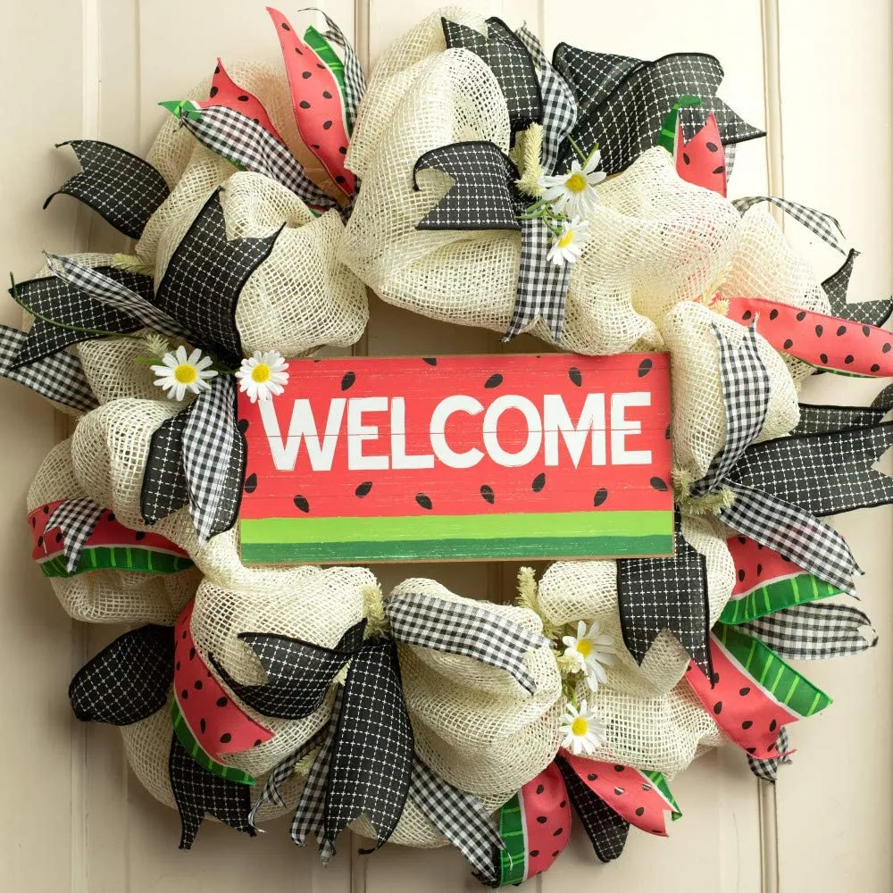 Hanging Wooden Watermelon Welcome Sign - 12.5" x 6"