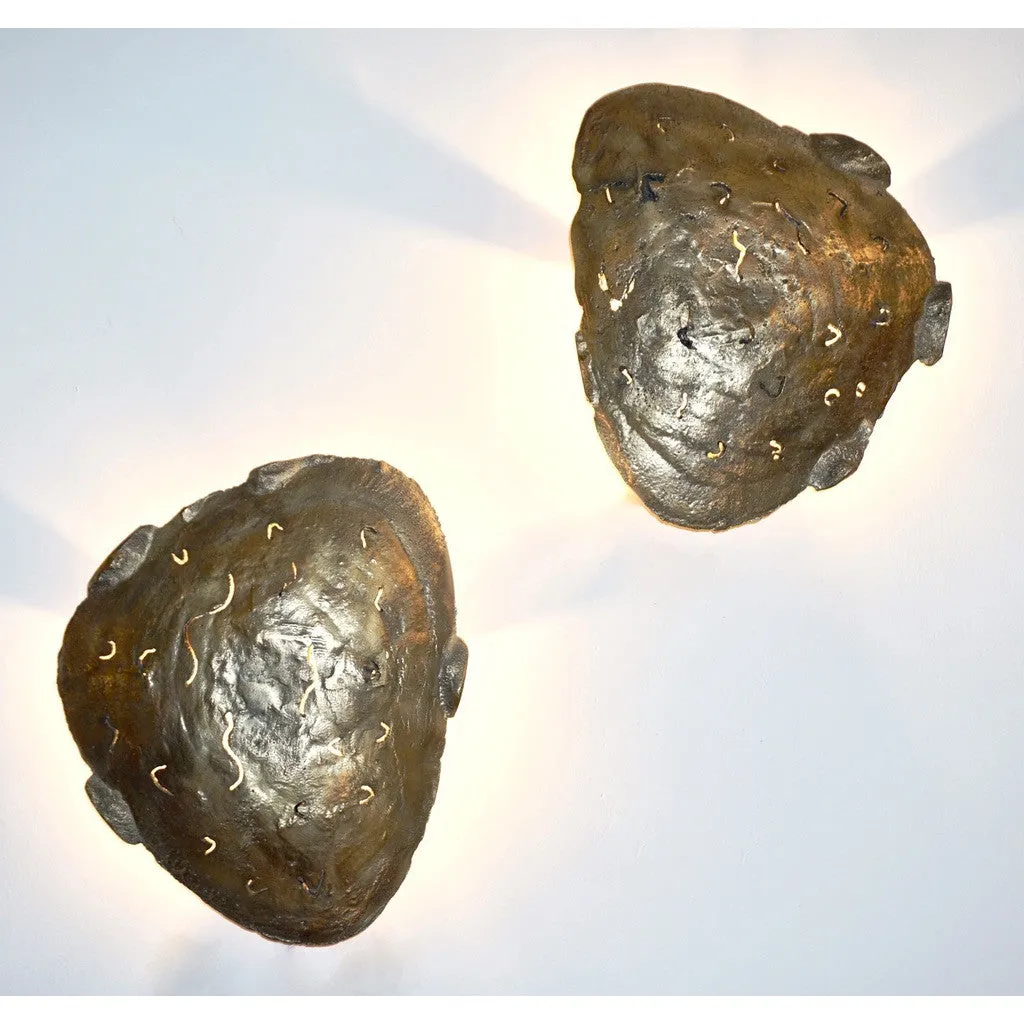 Italian Design Contemporary Pair of Brutalist Cast Bronze Sculpture Wall Lights