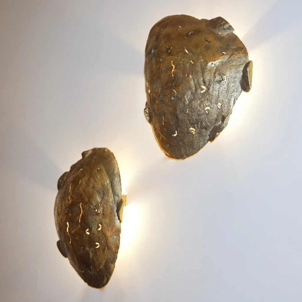 Italian Design Contemporary Pair of Brutalist Cast Bronze Sculpture Wall Lights