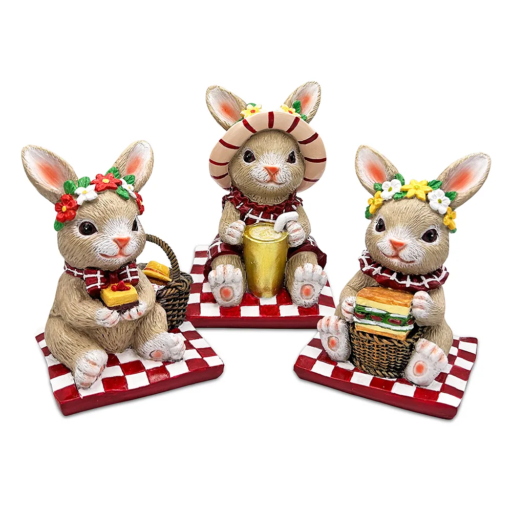 Joyful Picnic Gathering Bunny Trio Set of Three Figurines, Spring Rabbit Statue 4.5" Decor