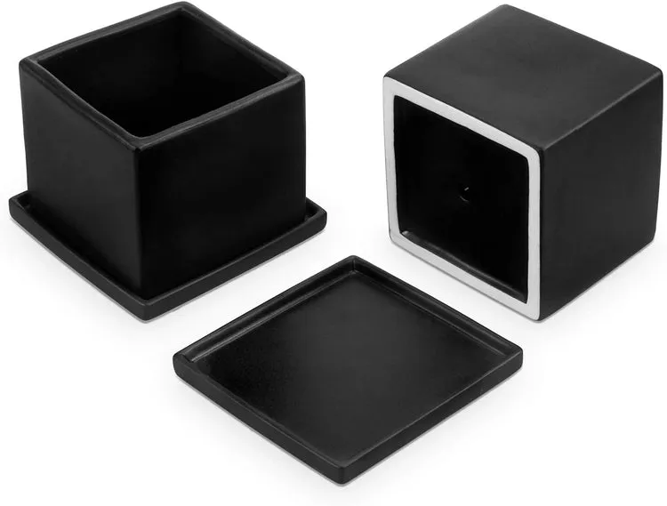 Matte Black Ceramic Square Planters with Removable Saucers, Set of 2