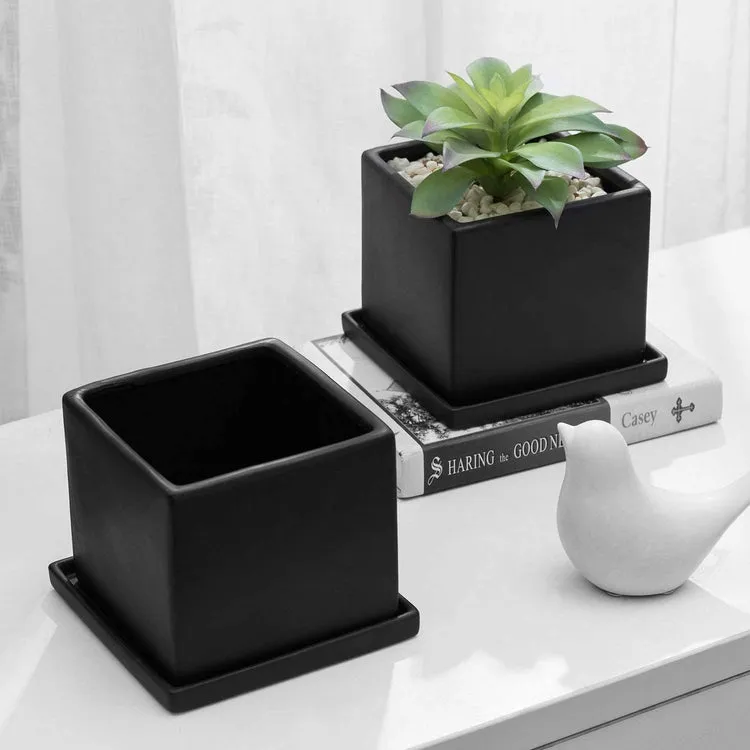 Matte Black Ceramic Square Planters with Removable Saucers, Set of 2