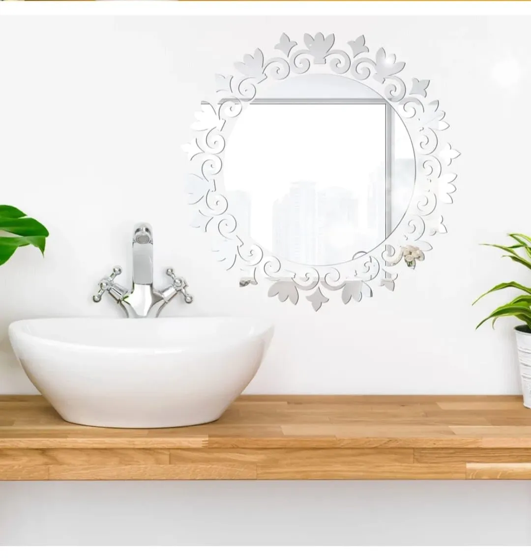Mr. Care Glass Mirror Wall Aesthetic Room Decoration Decorative Mirror Sticker for Wall, Living Room, Bedroom, Basin, Bathroom (16X16 Inch, No Drill Required)