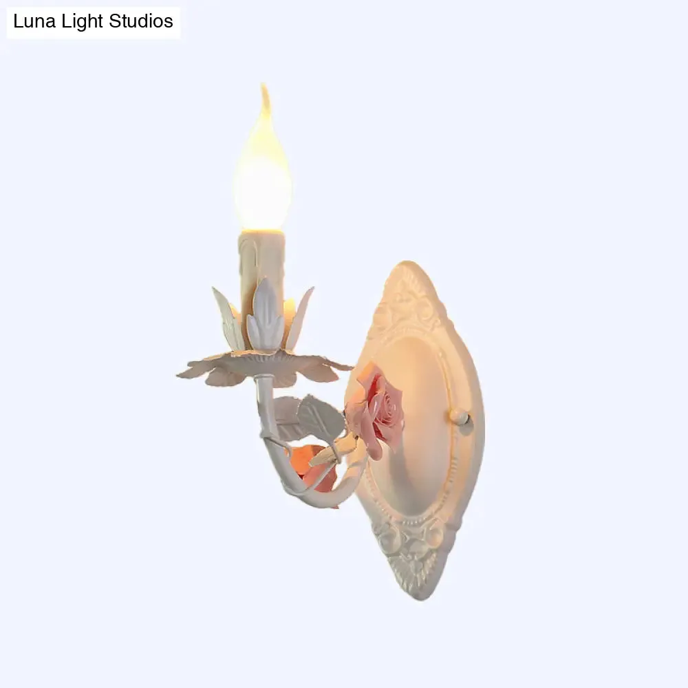 Pastoral Metallic Candle Wall Sconce: Blue/Pink 1-Light Lamp with Flower Deco