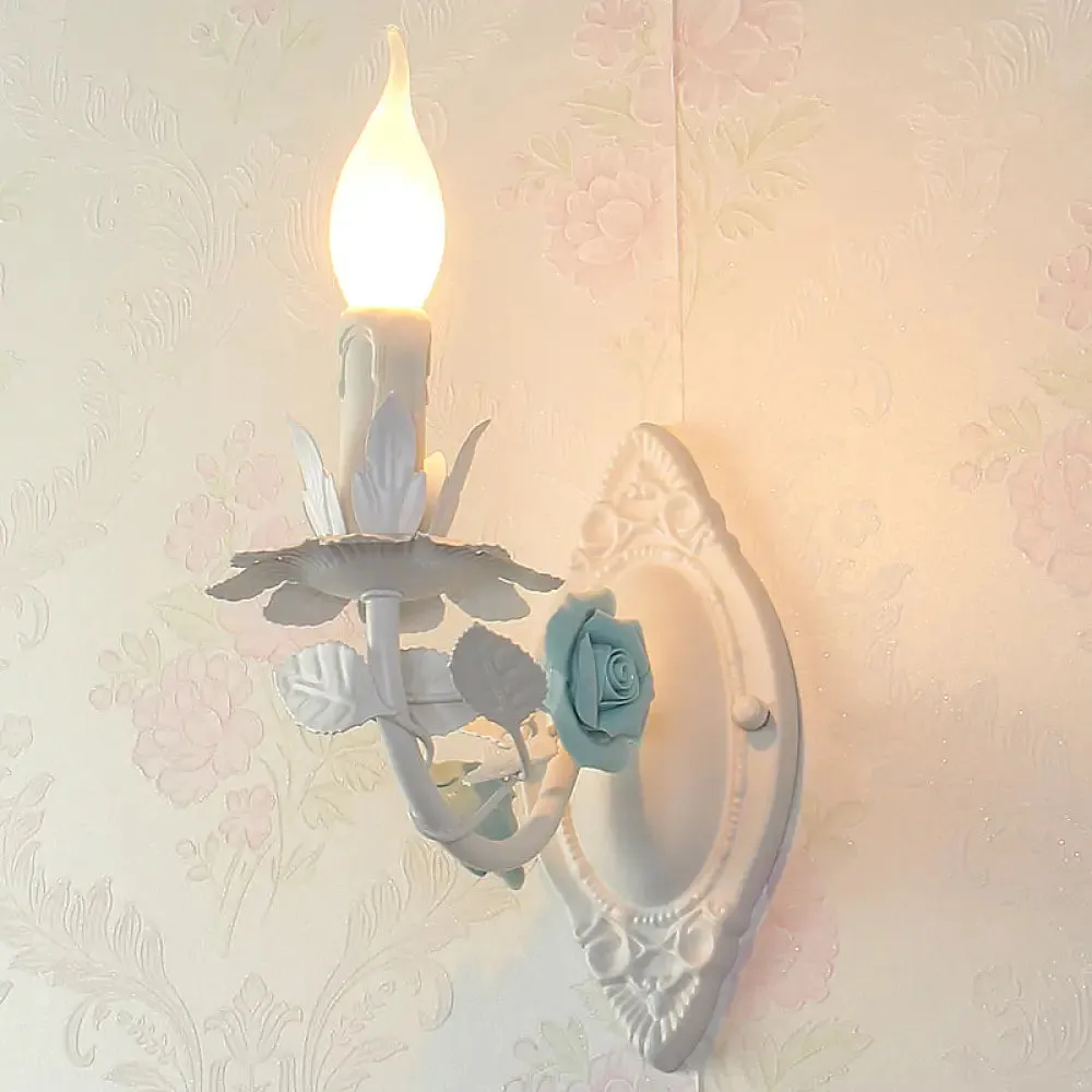 Pastoral Metallic Candle Wall Sconce: Blue/Pink 1-Light Lamp with Flower Deco