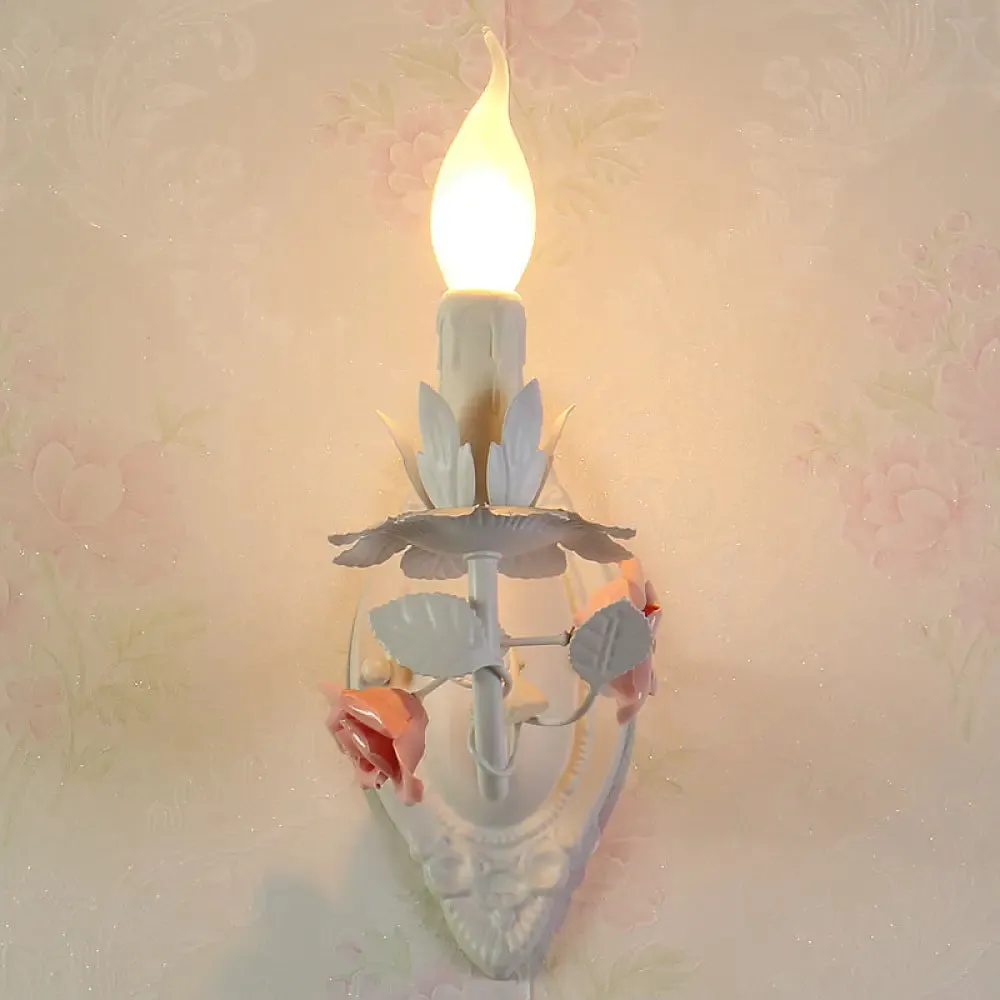 Pastoral Metallic Candle Wall Sconce: Blue/Pink 1-Light Lamp with Flower Deco