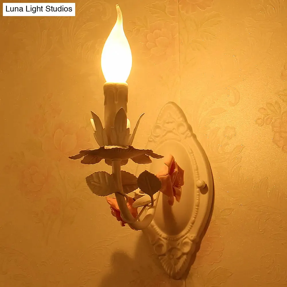 Pastoral Metallic Candle Wall Sconce: Blue/Pink 1-Light Lamp with Flower Deco