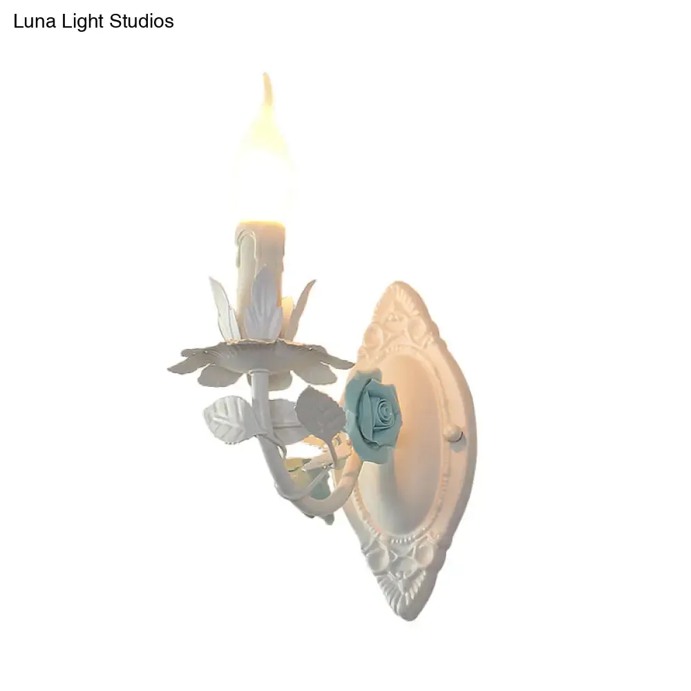 Pastoral Metallic Candle Wall Sconce: Blue/Pink 1-Light Lamp with Flower Deco