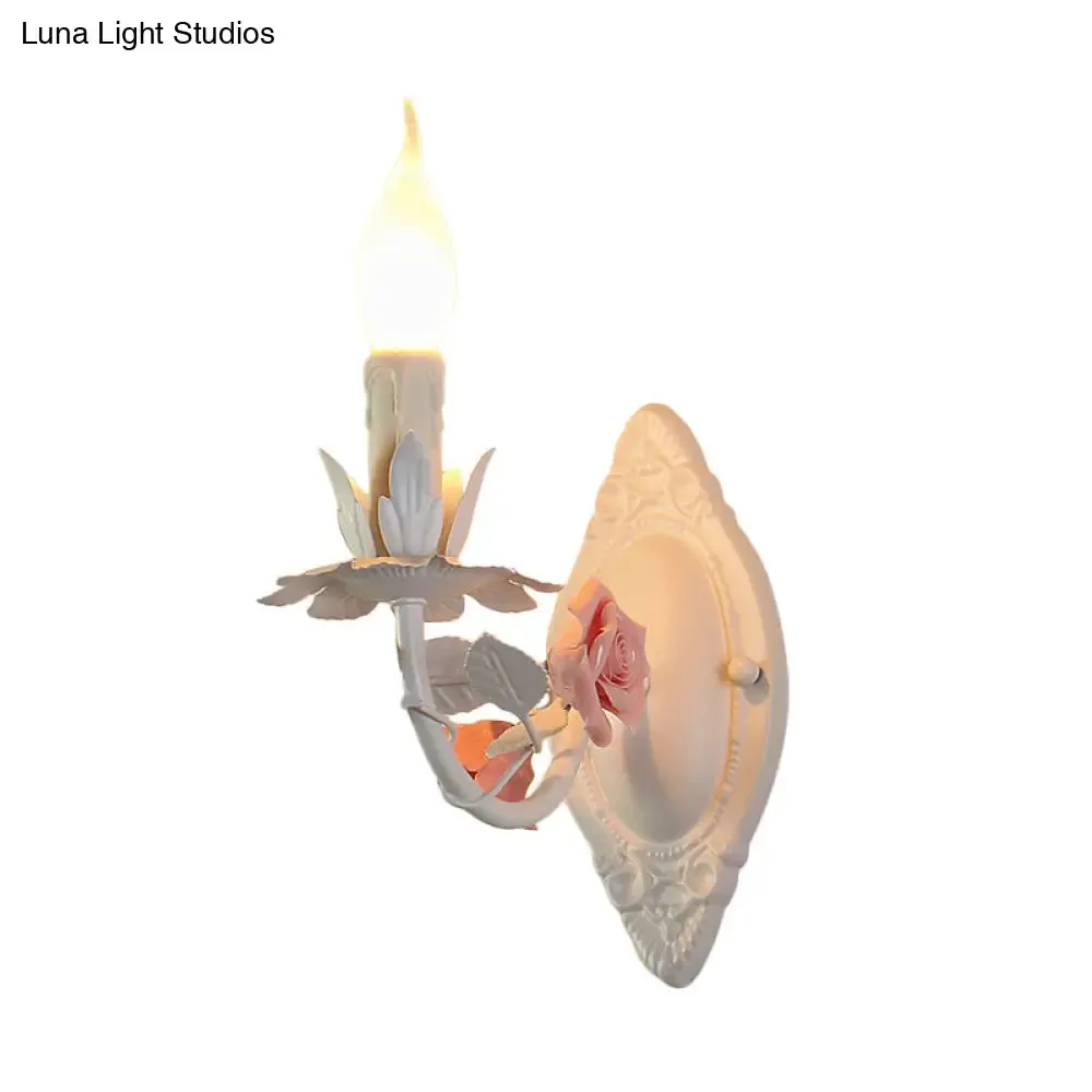 Pastoral Metallic Candle Wall Sconce: Blue/Pink 1-Light Lamp with Flower Deco