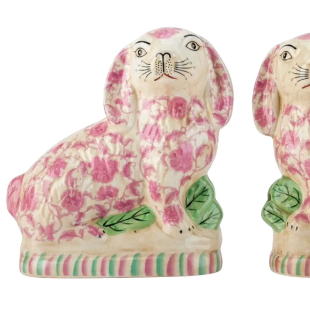 Pink floral Staffordshire bunny figurine pair