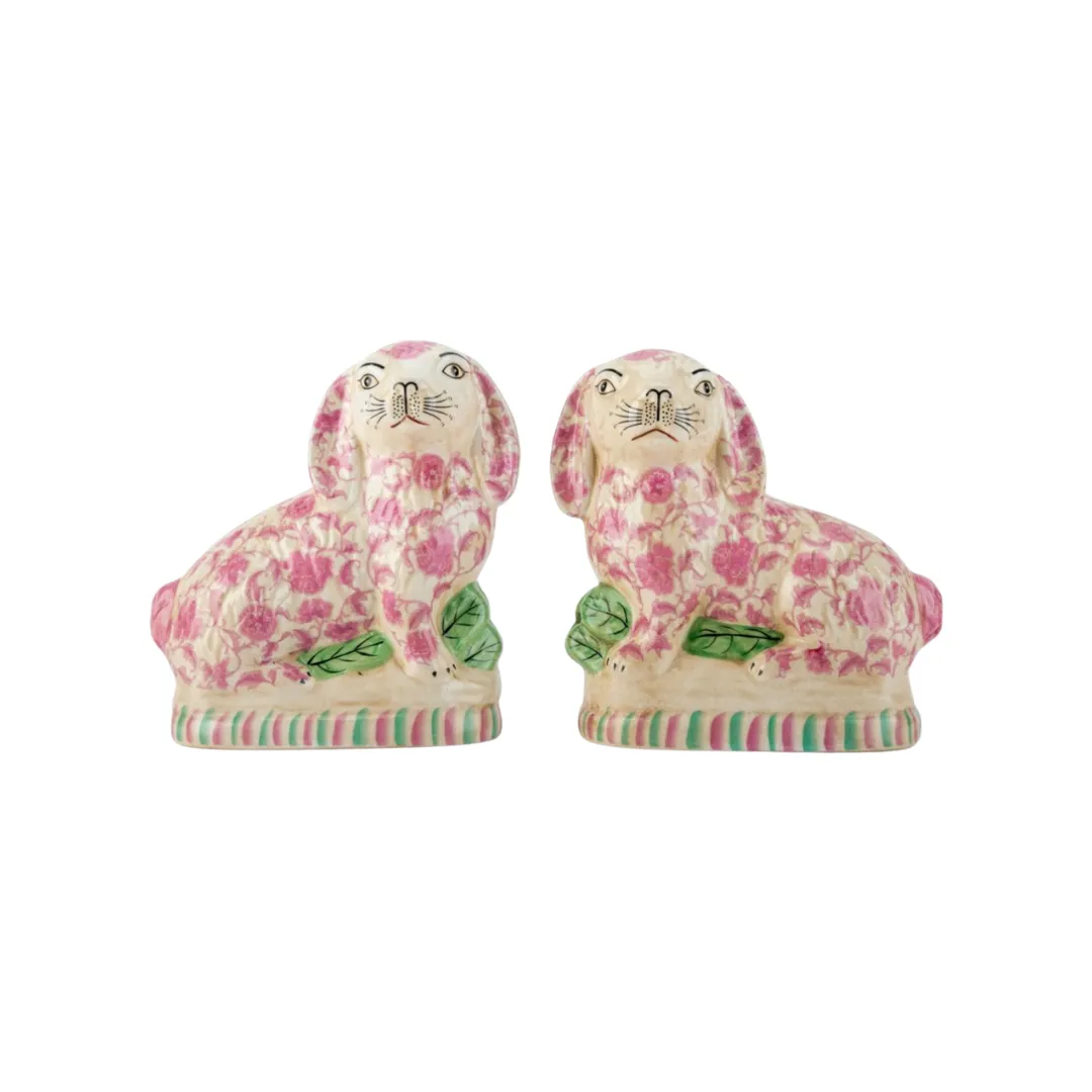 Pink floral Staffordshire bunny figurine pair