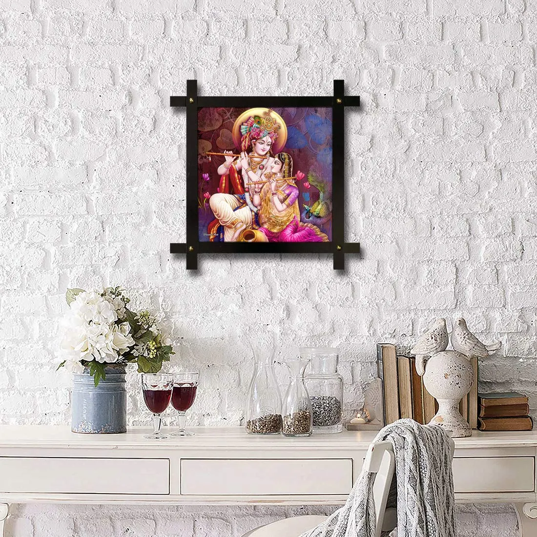 Poster N Frames Cross Wooden Frame Hand-Crafted with Photo of Radha Krishna Size (16.5x16.5inch,wood,multicolour)