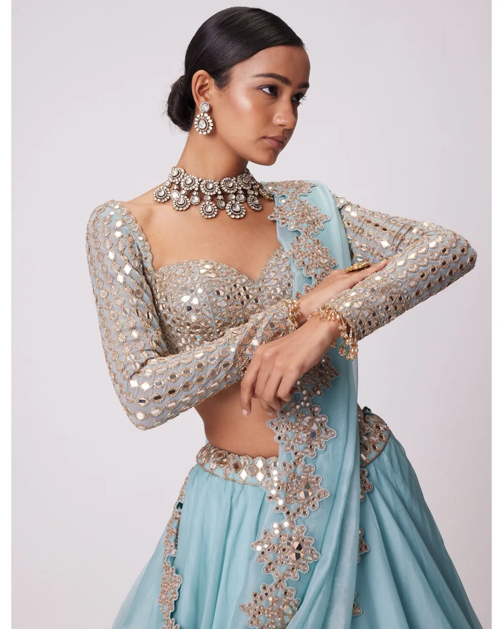 Powder Blue Organza Mirror Embroidered Lehenga Set