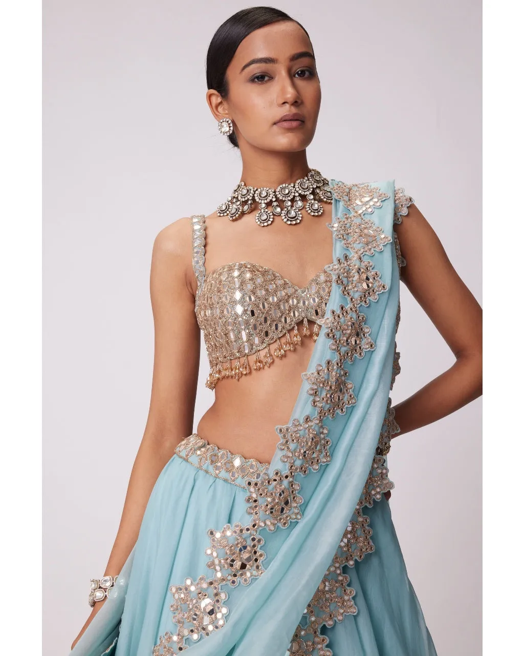 Powder Blue Organza Mirror Embroidered Lehenga Set
