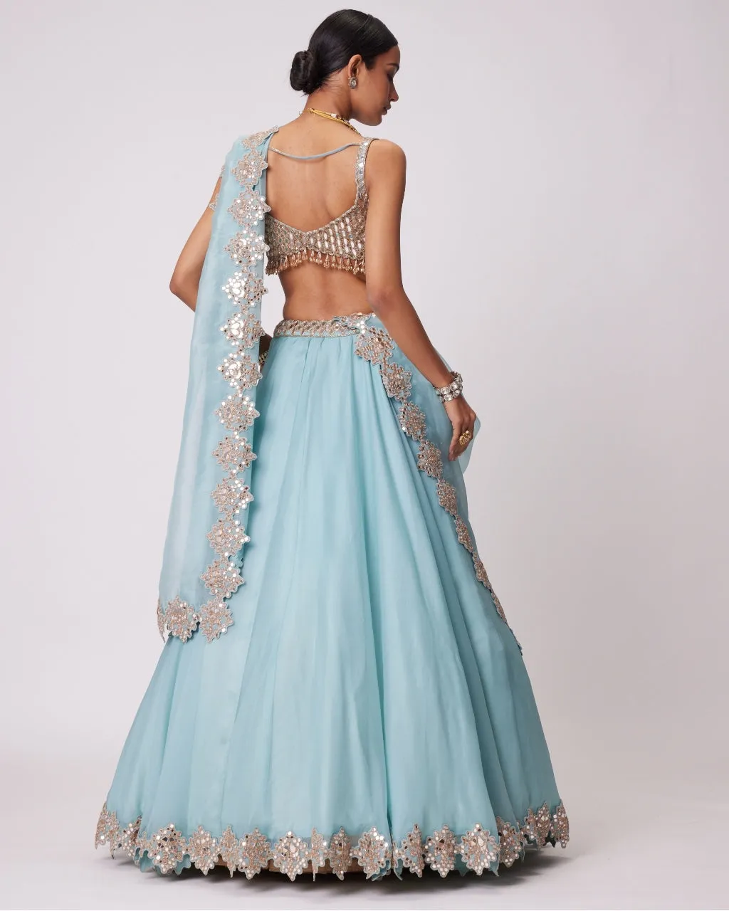 Powder Blue Organza Mirror Embroidered Lehenga Set