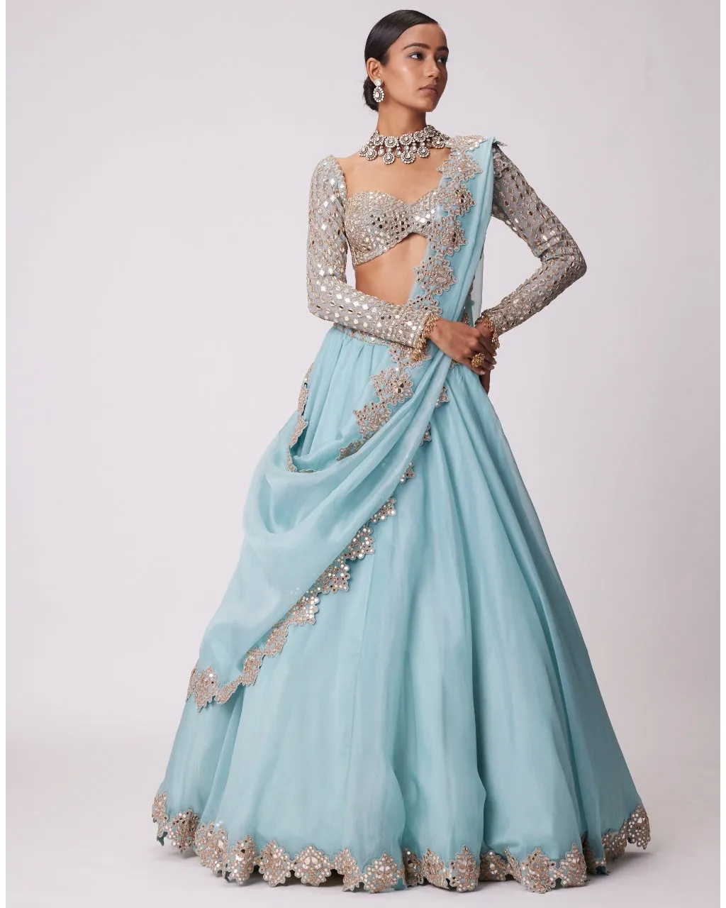 Powder Blue Organza Mirror Embroidered Lehenga Set