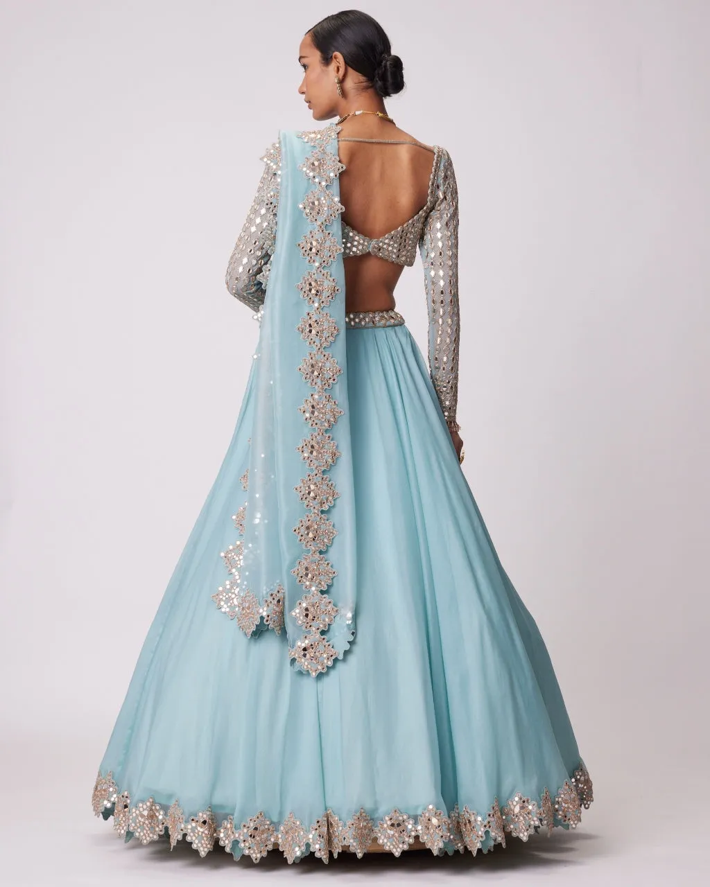 Powder Blue Organza Mirror Embroidered Lehenga Set