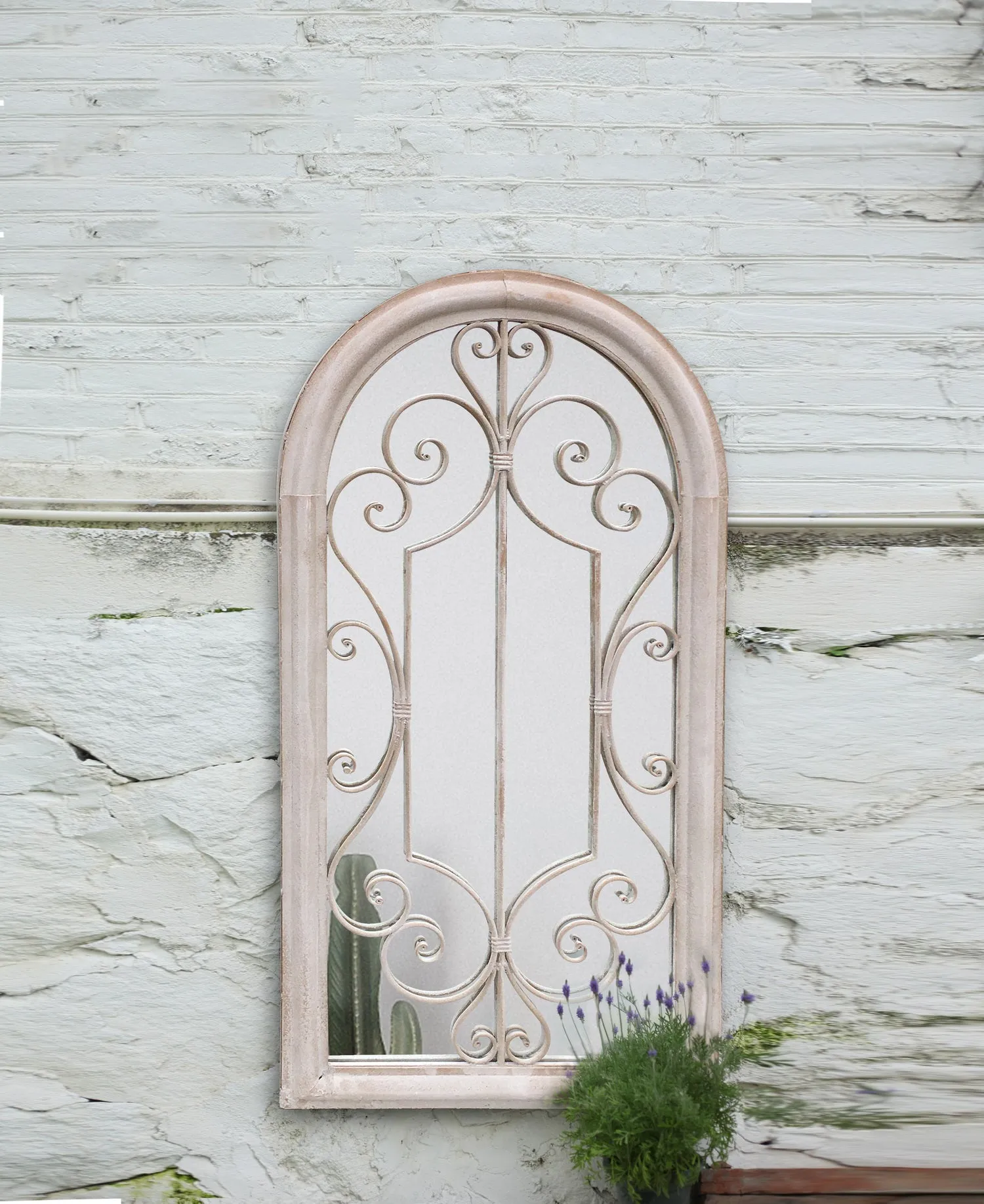 Shabby Chic Scrolled Arch Sandy Finish Indoor/Outdoor Garden Mirror
