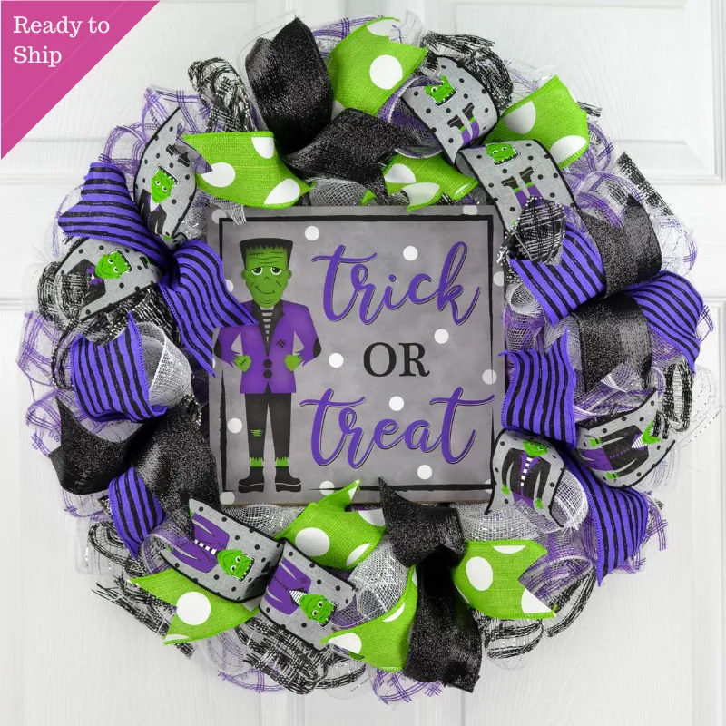 Trick or Treat Frankenstein Halloween Wreaths - Front Door Decorations