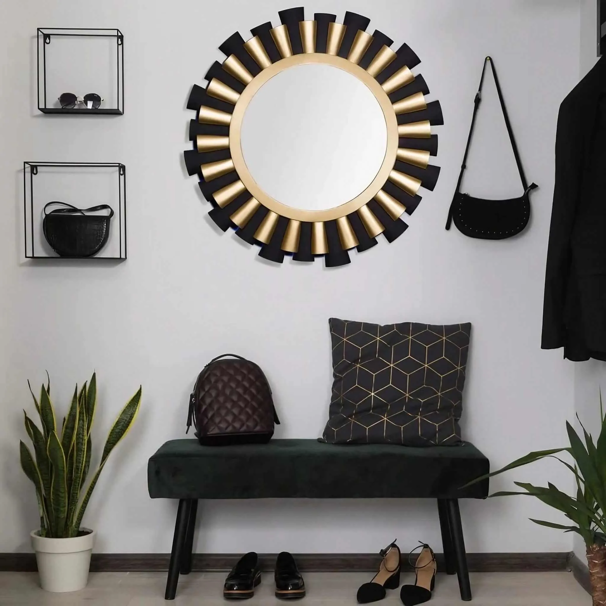 Varaluz Daphne 36-inch Round Mirror—Matte Black/French Gold