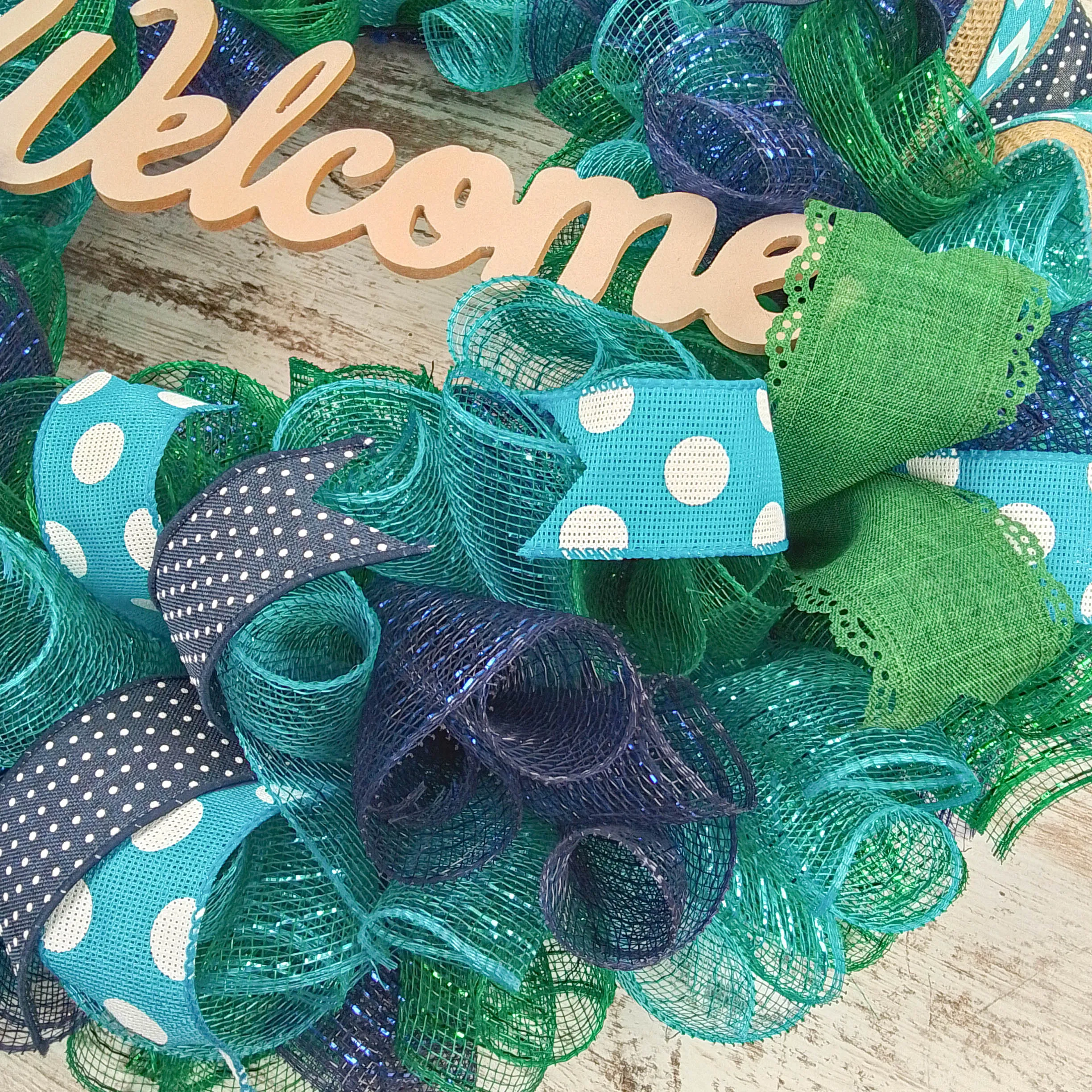 Year Round Door Wreaths | Spring Mesh Door Welcome Wreath | Navy Turquoise
